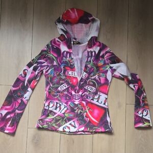 Ed Hardy Pink and Red Graphic Hooded Long Sleeve Top